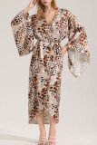 Leopard Print V-neck Bat Long Sleeved Nightgown