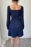 Solid Color Square Neck Pleated Long Sleeved Dress