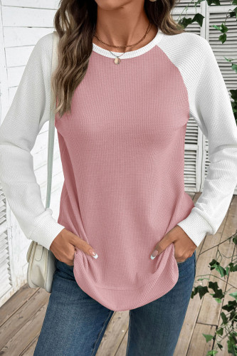 Waffle Contrasting Round Neck Long Sleeved T-Shirt