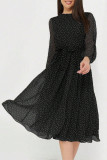 Polka Dot Printed Long Sleeved Waist Cinching Dress