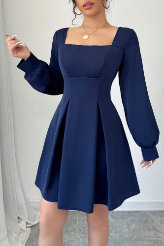 Solid Color Square Neck Pleated Long Sleeved Dress