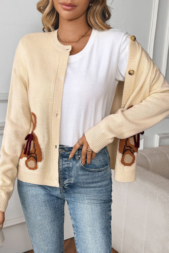 Bear Printed Long Sleeved Button Cardigan Sweater