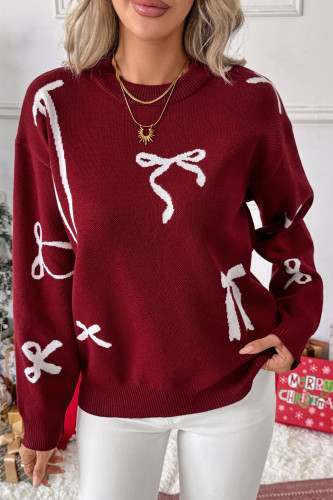 Christmas Round Neck Bow Jacquard Long Sleeved Sweater