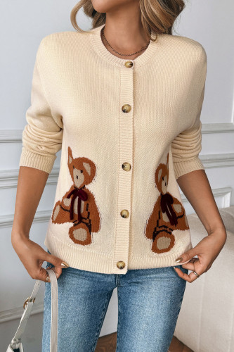 Bear Printed Long Sleeved Button Cardigan Sweater