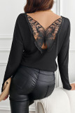 Bow Lace Backless Solid Color Long Sleeved T-Shirt
