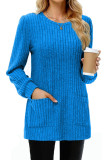Solid Color Pocket Round Neck Knitted Long Sleeve Sweater