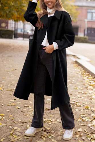 Solid Color Lapel Long Sleeved Woolen Coat Jacket