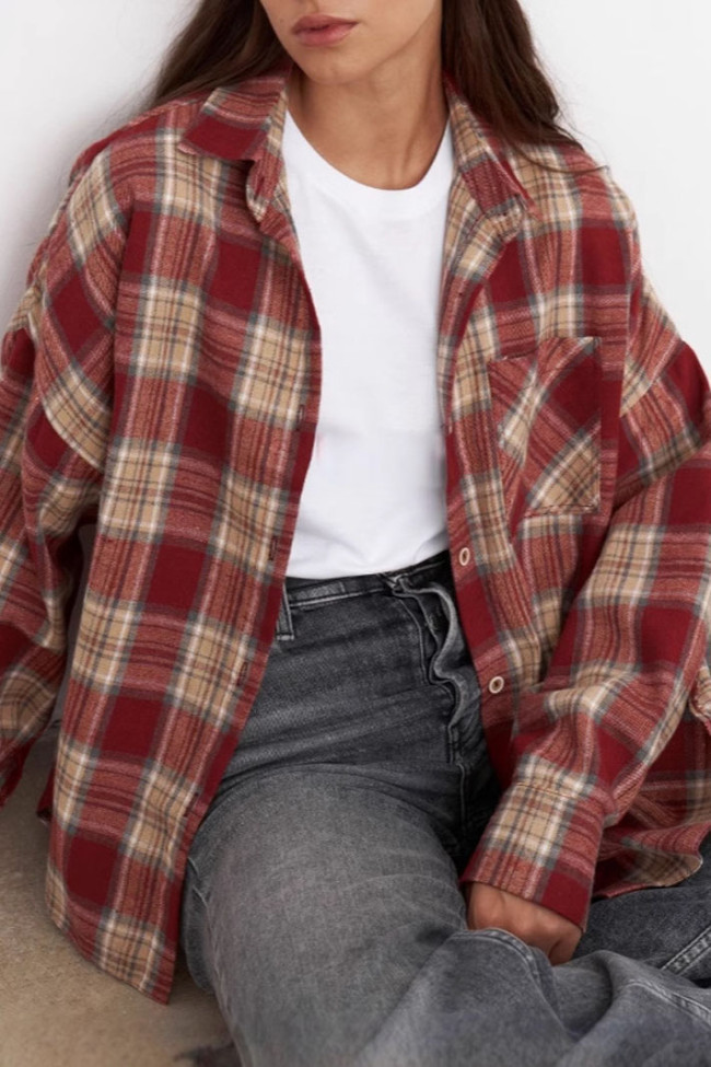Checkered Print Lapel Long Sleeved Button Cardigan Shirt