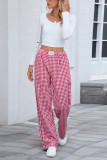 Grid Printed Elastic Waisted Straight Leg Pants