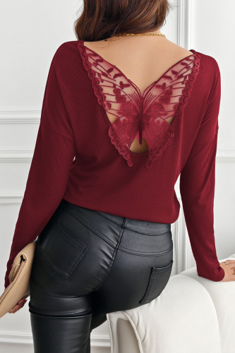 Bow Lace Backless Solid Color Long Sleeved T-Shirt