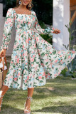 Square Neck Trumpet Long Sleeved High Waisted Dress