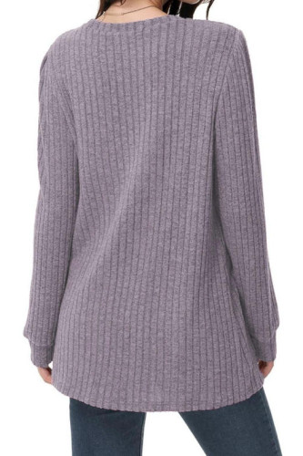 Solid Color Pocket Round Neck Knitted Long Sleeve Sweater