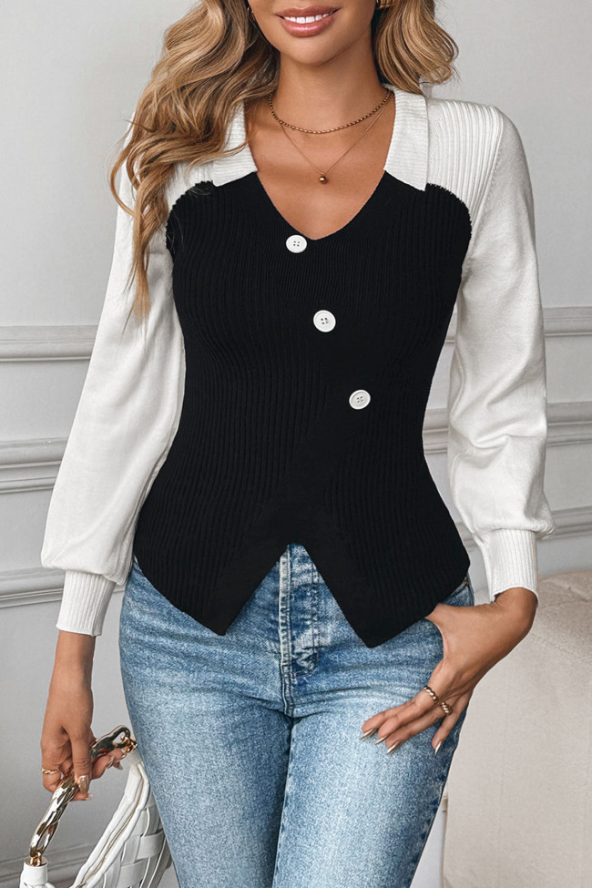 V-Neck Long Sleeved Knitted Contrasting Sweater