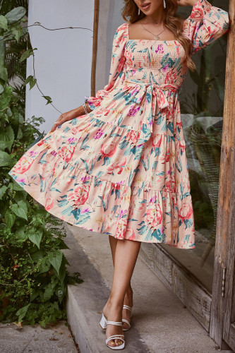 Square Neck Trumpet Long Sleeved High Waisted Dress