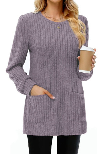 Solid Color Pocket Round Neck Knitted Long Sleeve Sweater