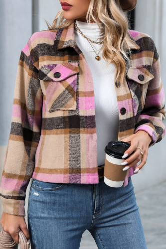 Checkered Print Lapel Long Sleeved Woolen Cardigan Jacket