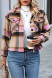 Checkered Print Lapel Long Sleeved Woolen Cardigan Jacket