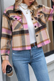 Checkered Print Lapel Long Sleeved Woolen Cardigan Jacket