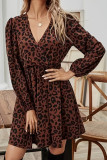 V-Neck Elastic Waistband Leopard Print Dress