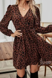 V-Neck Elastic Waistband Leopard Print Dress