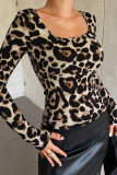 Leopard Print Round Neck Slim Fit Long Sleeved T-Shirt