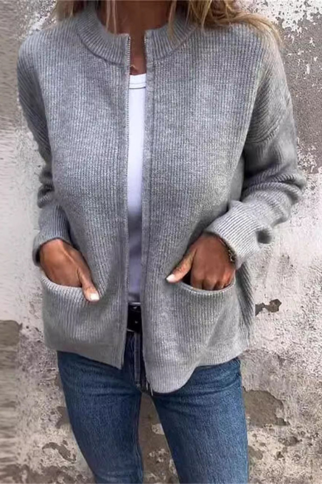 Solid Color Pocket Long Sleeved Knitted Cardigan Jacket