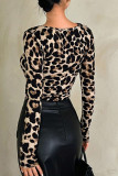 Leopard Print Round Neck Slim Fit Long Sleeved T-Shirt