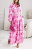 Printed Lapel Long Sleeved Waist Cinching Dress