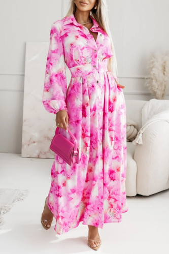 Printed Lapel Long Sleeved Waist Cinching Dress