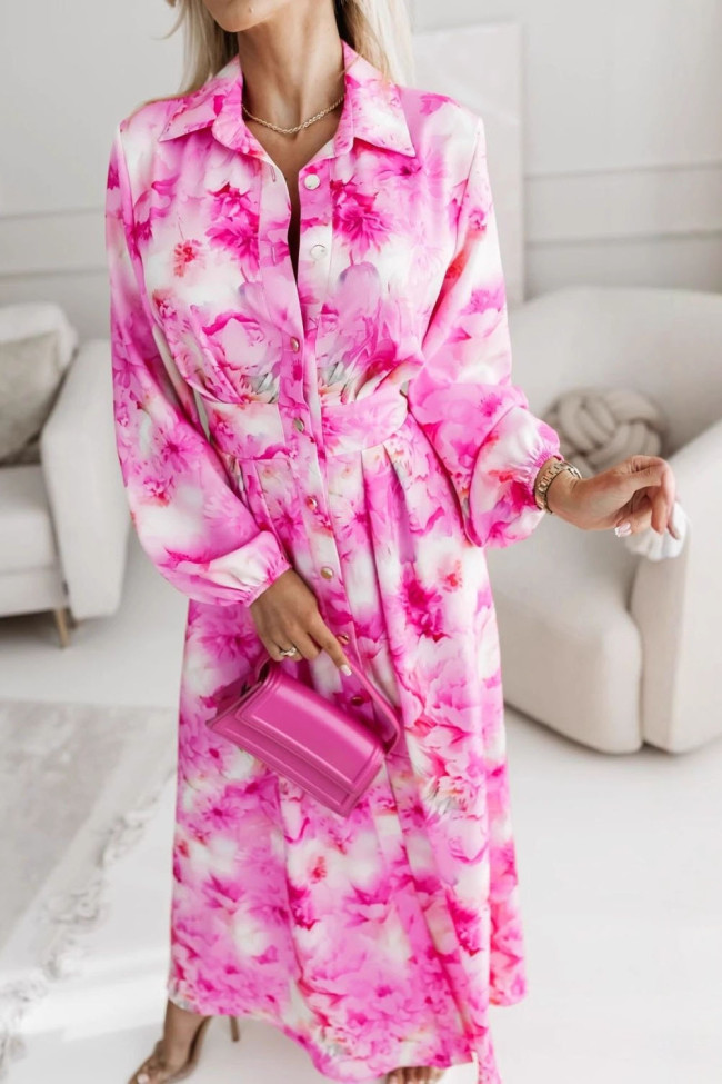 Printed Lapel Long Sleeved Waist Cinching Dress