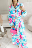 Printed Lapel Long Sleeved Waist Cinching Dress