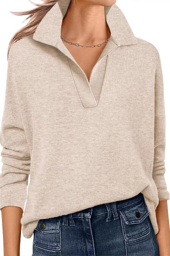 Solid Color V-Neck Long Sleeved Loose T-Shirt