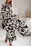 Printed Lapel Long Sleeved Waist Cinching Dress