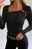 Solid Color Square Neck Long Sleeved T-shirt