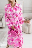 Printed Lapel Long Sleeved Waist Cinching Dress
