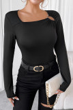 Solid Color Square Neck Long Sleeved T-shirt