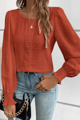 Swiss Dot Round Neck Lace Long Sleeved Shirt