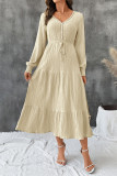 Solid Color V-neck Long Sleeved Waist Cinching Dress
