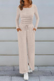 U-neck Solid Color Shirt Wide Leg Pants Two-piece Set