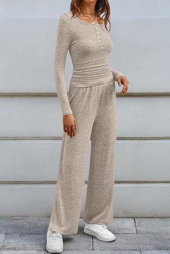 U-neck Solid Color Shirt Wide Leg Pants Two-piece Set