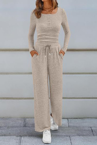 U-neck Solid Color Shirt Wide Leg Pants Two-piece Set