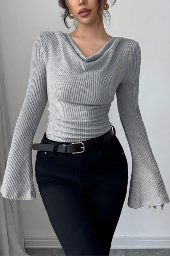 Solid Color Flared Long Sleeved Knitted Sweater