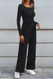 U-neck Solid Color Shirt Wide Leg Pants Two-piece Set