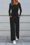 U-neck Solid Color Shirt Wide Leg Pants Two-piece Set