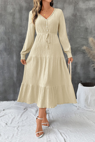 Solid Color V-neck Long Sleeved Waist Cinching Dress