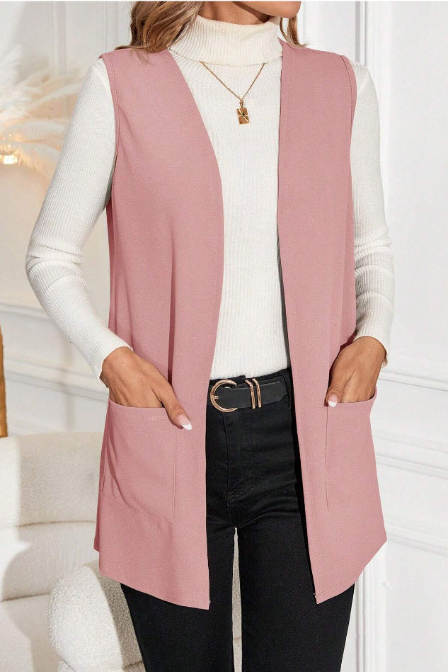 Solid Color Pocket Sleeveless Cardigan Vest