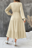Solid Color V-neck Long Sleeved Waist Cinching Dress