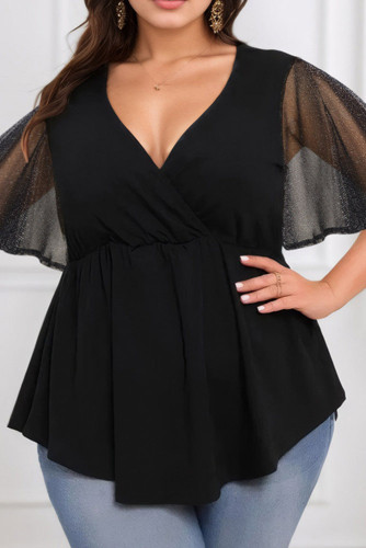 Large Size V-neck Solid Color Flying Short Sleeved Shirt