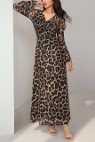 V-neck Leopard Print Long Sleeved Slit Dress