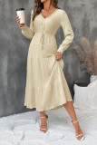 Solid Color V-neck Long Sleeved Waist Cinching Dress